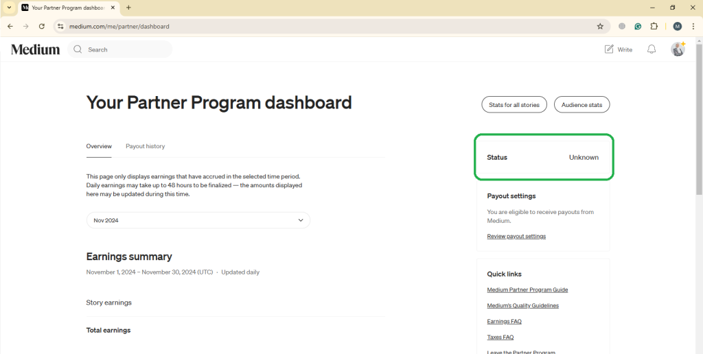 Medium Partner Program, Unknown Error ,Status 