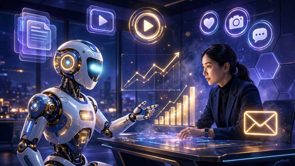 AI content marketing concept: AI robot and marketer collaborating on content creation
