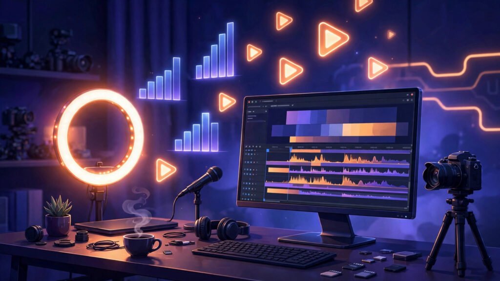 Video content marketing studio scene with camera, ring light and editing timeline
