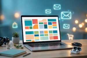 Ecommerce email marketing laptop with glowing envelope icons
