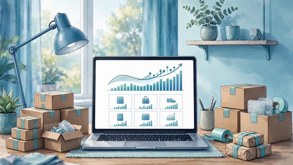 Ecommerce dropshipping business store dashboard with products and sales growth