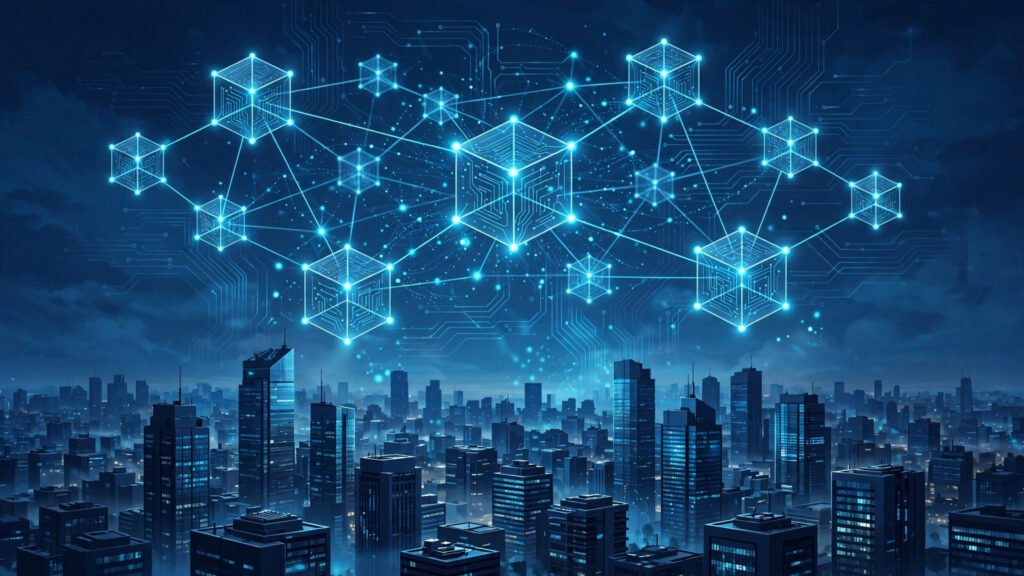Blockchain technology for business network visualization with connected blocks