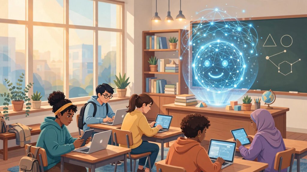 AI in education — students learning with an AI tutor in a modern classroom