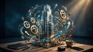 Business scaling strategy visualized as modern skyscrapers growing upward, symbolizing company growth