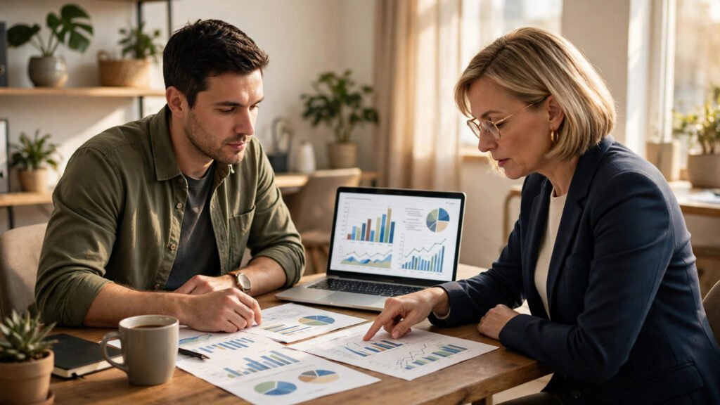 business loan options reviewed by a small business owner and adviser in a bright office