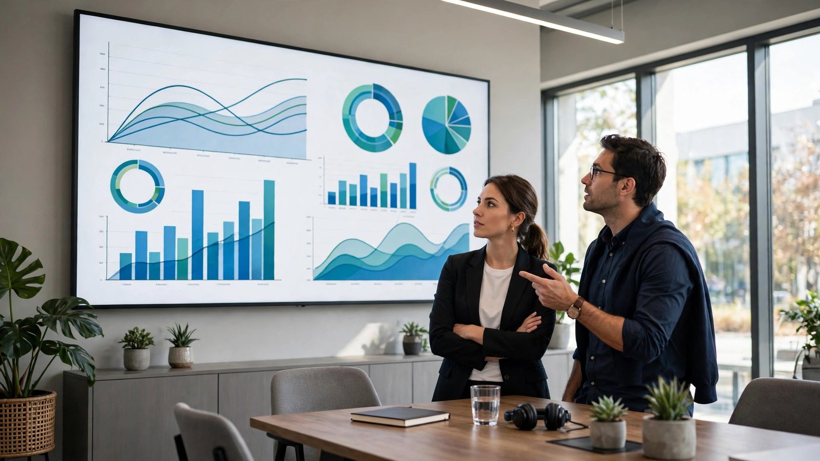 Marketing team comparing social media management tools on large screens
