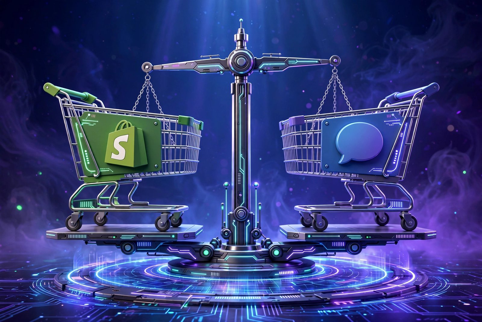 Shopify vs WooCommerce comparison of two e-commerce platforms on a balance scale