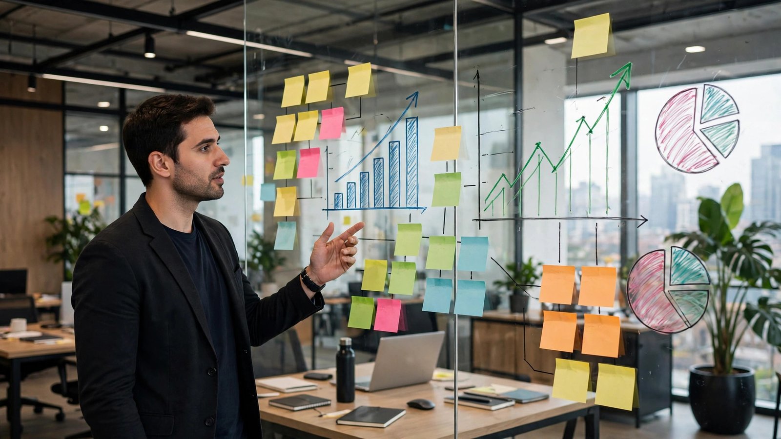Business growth strategy roadmap presentation with revenue charts in a modern office